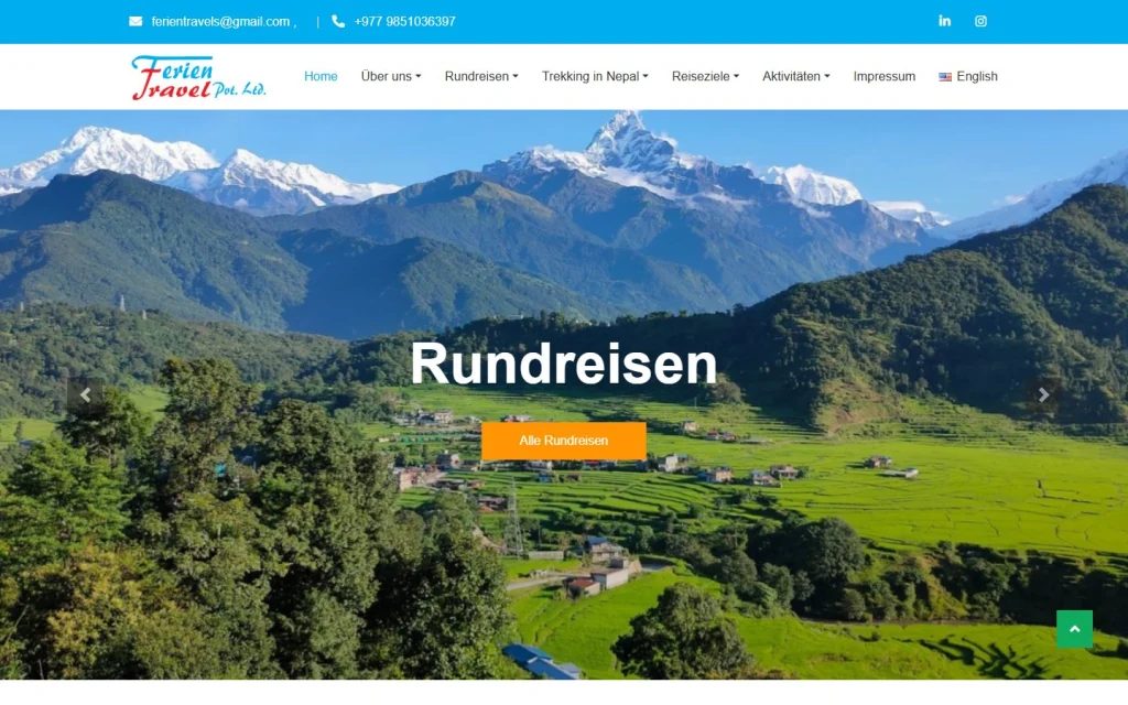 Ferien Travel German homepage with the hero slider and an English language switch