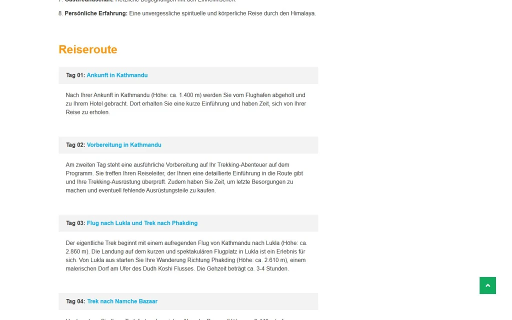Day-by-day itinerary on a Ferien Travel trek page, each day in its own section