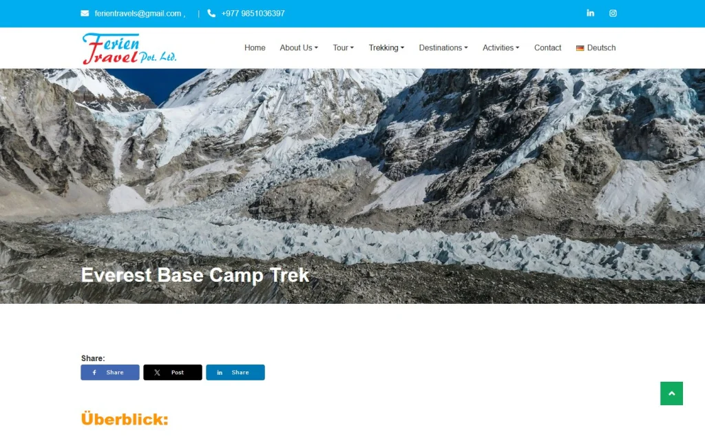 Ferien Travel trek page: Everest Base Camp Trek with a full-width mountain photo