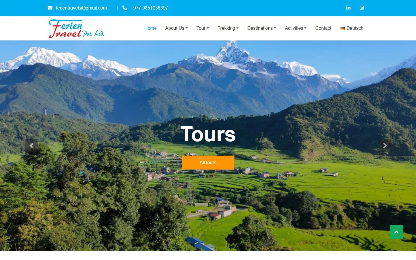 Ferien Travel homepage with a Himalayan hero image, tour navigation and a German language switch