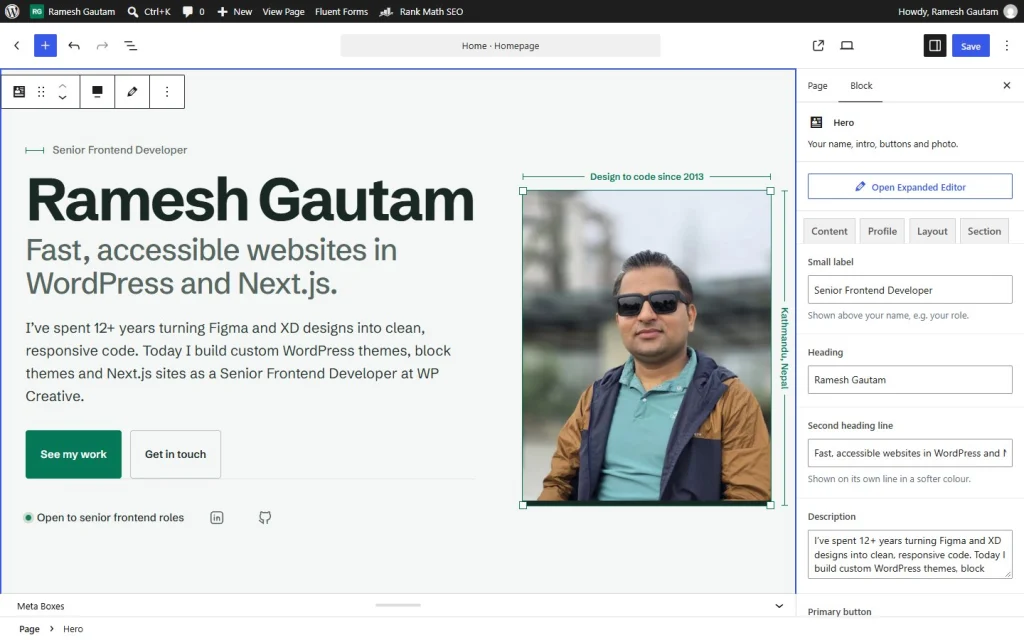 The hero block in the WordPress block editor, edited through simple sidebar fields