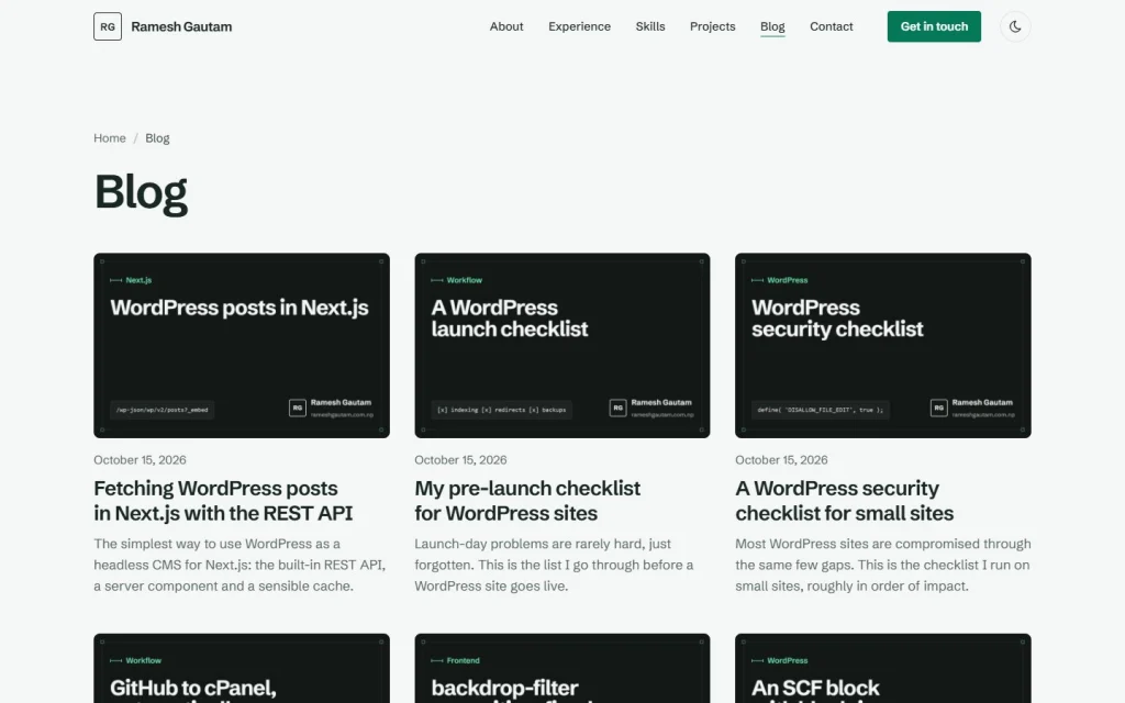 Blog listing with branded cover images for each article