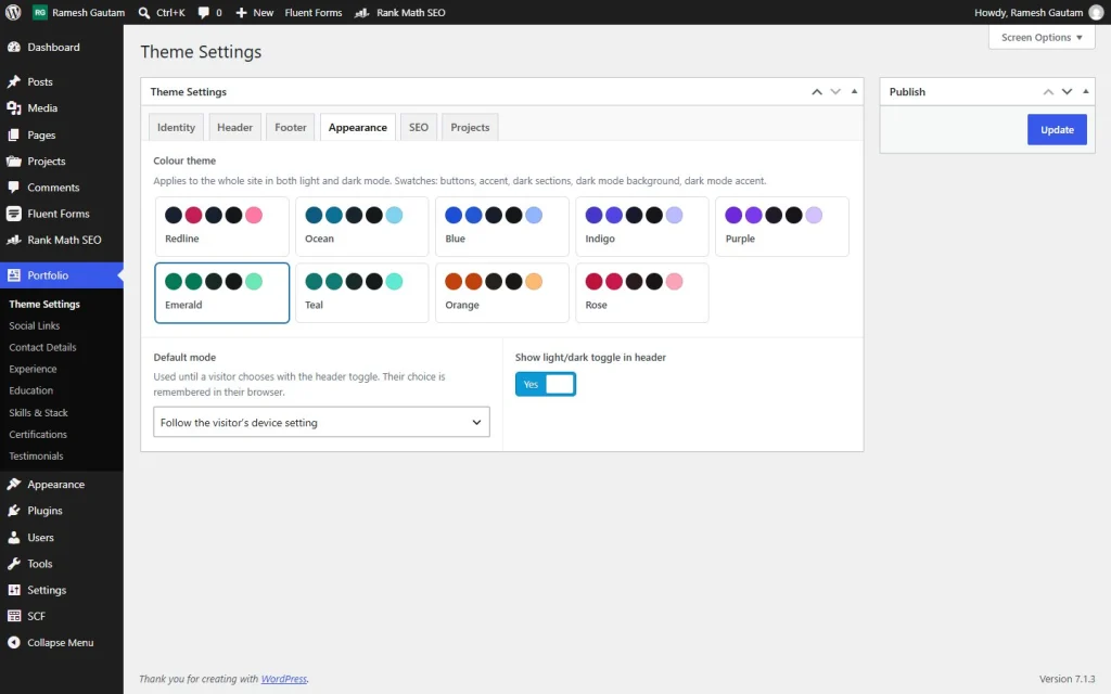 Theme Settings in WordPress: choosing one of nine colour themes from swatches