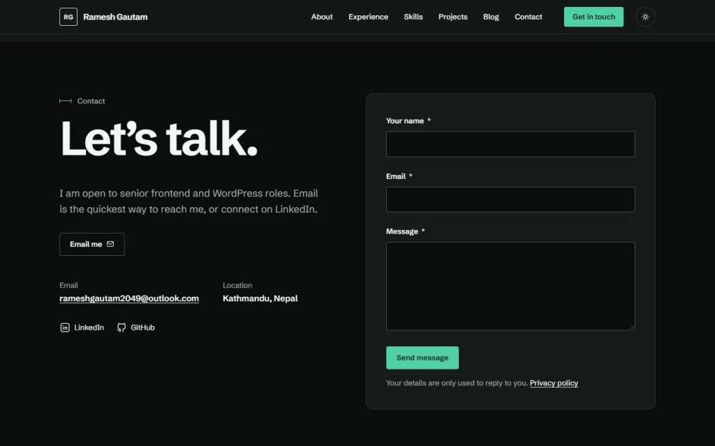 Contact section in dark mode with email details and the contact form