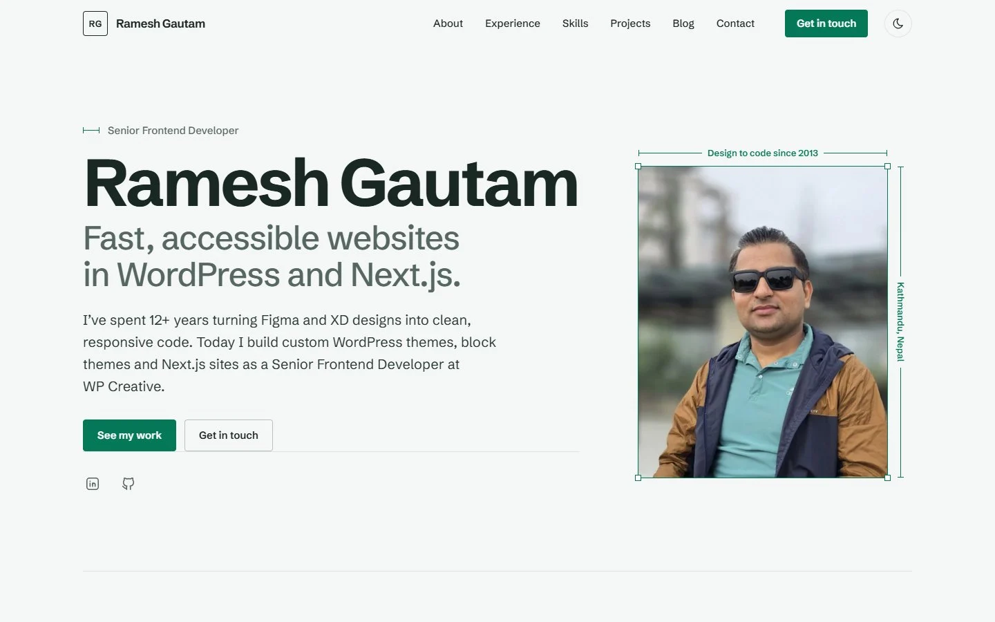 Ramesh Gautam portfolio homepage: name, headline, buttons and framed photo with dimension lines