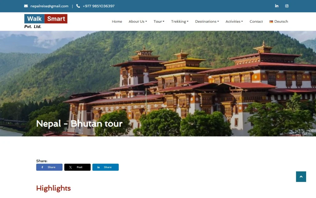 WalkSmart tour page: Nepal and Bhutan tour with a photo of a Bhutanese dzong