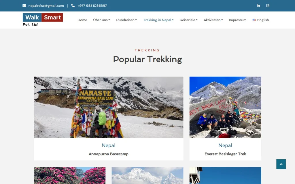 WalkSmart popular trekking listing in German, with Annapurna and Everest trek cards