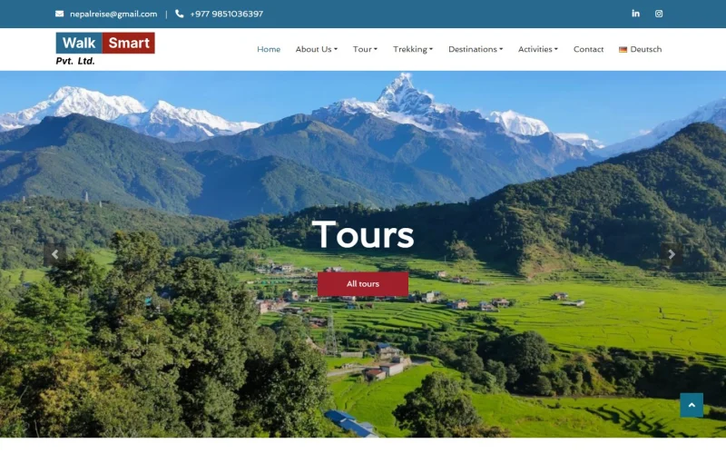 WalkSmart homepage with a Himalayan hero image, red and blue branding and tour navigation