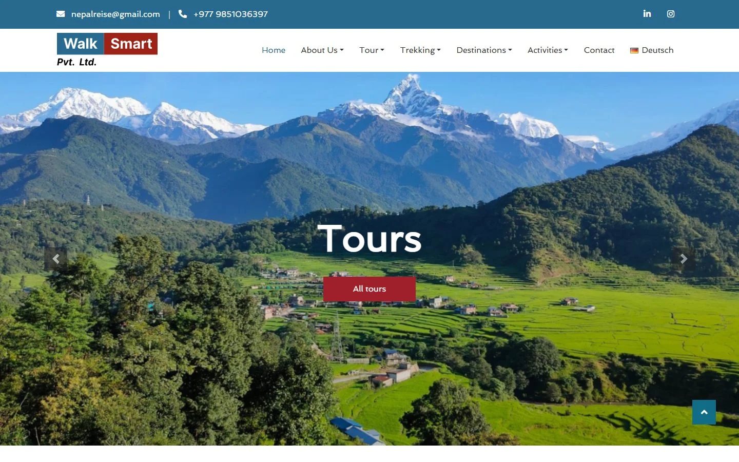 WalkSmart homepage with a Himalayan hero image, red and blue branding and tour navigation